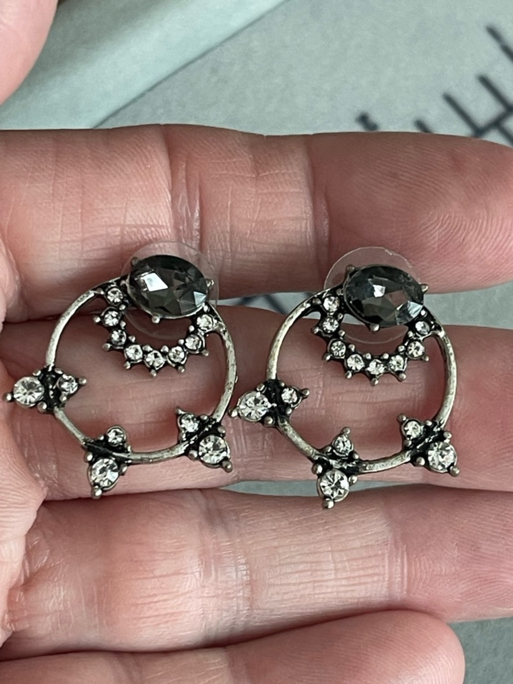 Elegant Silver-Tone Gray Crystal Hoop Earrings - Unbranded